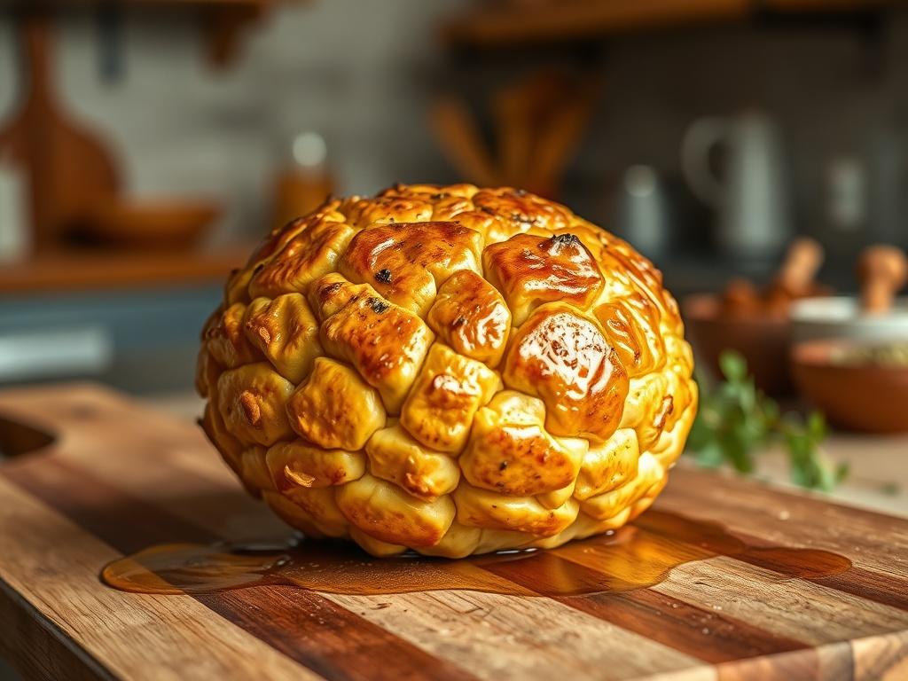 Create a realistic high-resolution photo featuring a single, beautifully roasted giant puffball mushroom as the main subject. The mushroom should be golden-brown in color, with a slightly crispy texture on the outer layer, showcasing its deliciousness. Position the puffball mushroom on a rustic wooden cutting board, with a gentle sheen of olive oil glistening on its surface. 

In the background, include a softly blurred kitchen setting with warm, golden hues and soft lighting, evoking a cozy atmosphere. Use subtle details such as faint outlines of herbs and spices on a nearby countertop, while keeping the focus on the mushroom. The overall composition should be simple and clear, emphasizing the delightful tribute to the giant puffball mushroom while creating an inviting and serene ambiance. Make sure the colors are harmonious and warm, capturing the essence of a delicious culinary experience.