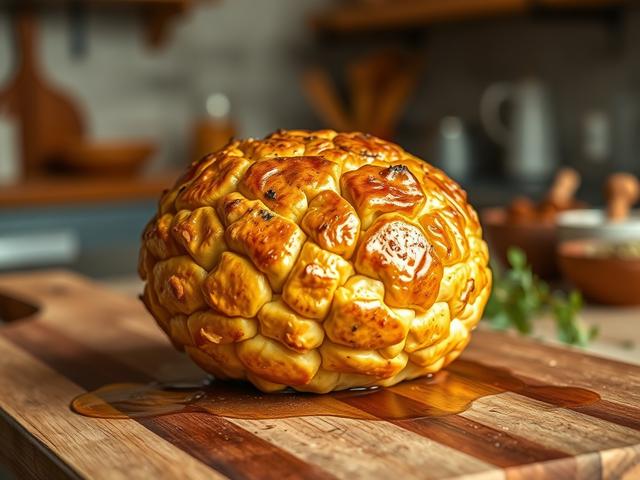 Create a realistic high-resolution photo featuring a single, beautifully roasted giant puffball mushroom as the main subject. The mushroom should be golden-brown in color, with a slightly crispy texture on the outer layer, showcasing its deliciousness. Position the puffball mushroom on a rustic wooden cutting board, with a gentle sheen of olive oil glistening on its surface. 

In the background, include a softly blurred kitchen setting with warm, golden hues and soft lighting, evoking a cozy atmosphere. Use subtle details such as faint outlines of herbs and spices on a nearby countertop, while keeping the focus on the mushroom. The overall composition should be simple and clear, emphasizing the delightful tribute to the giant puffball mushroom while creating an inviting and serene ambiance. Make sure the colors are harmonious and warm, capturing the essence of a delicious culinary experience.