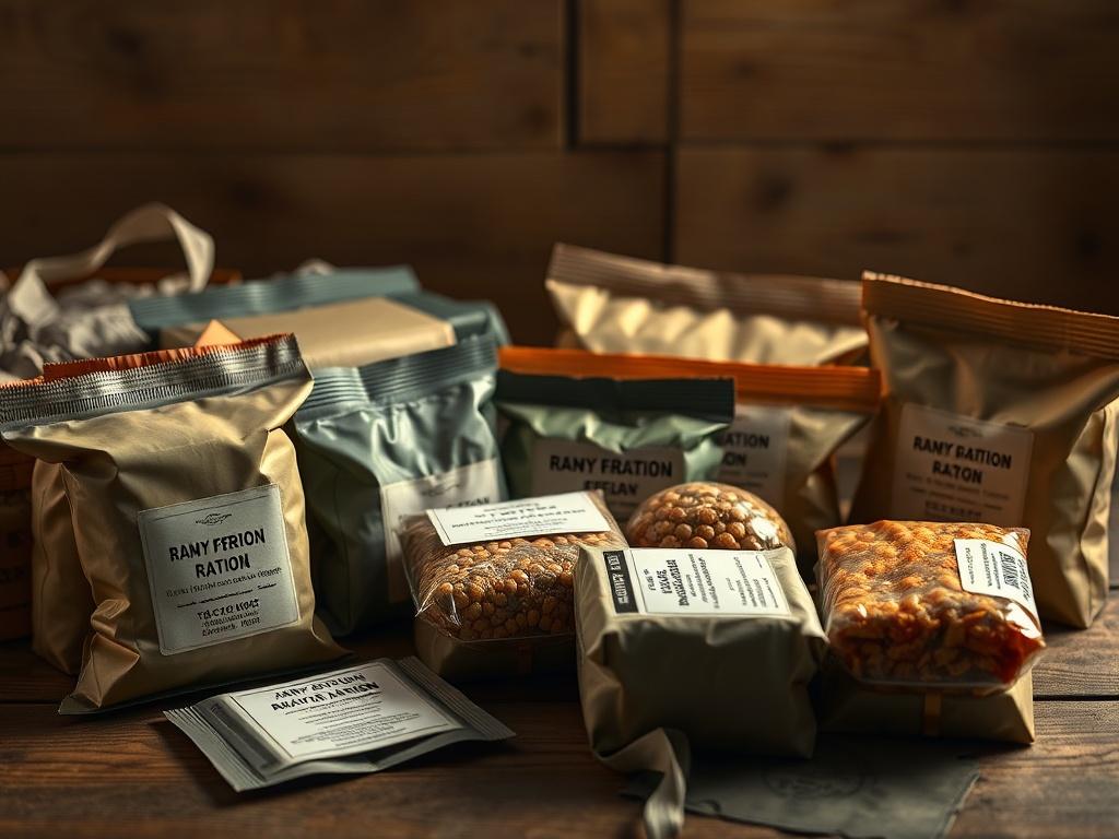 An assortment of army rations neatly packaged, highlighting various ready-to-eat meals. The packaging is designed for convenience and portability, featuring muted colors with clear labels. The background includes a rustic wooden table, enhancing the rugged, adventurous feel of the rations. The lighting is warm and inviting, drawing attention to the practicality of the meals.