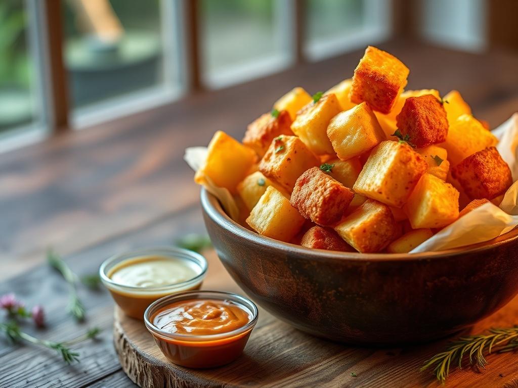 A heaping serving of Square-Cut Puffball Fries in a rustic bowl, surrounded by fresh herbs and dipping sauces. The fries are golden and crispy, creating an enticing visual appeal. The warm, inviting lighting enhances the dish, inviting viewers to enjoy a unique culinary experience.