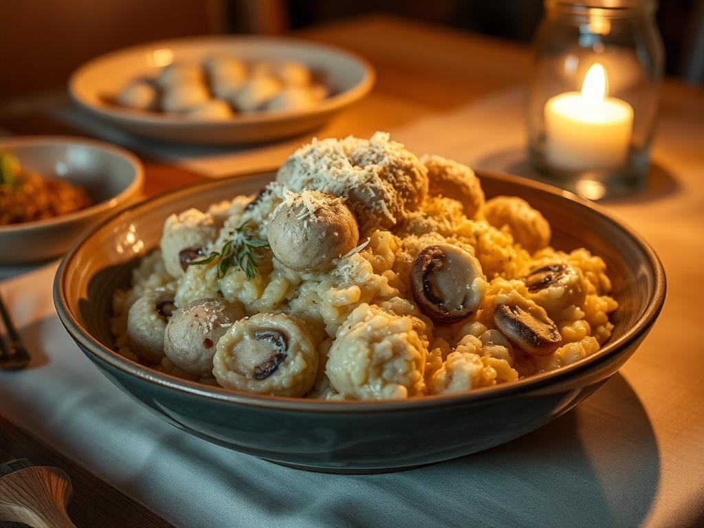 A generous serving of Giant Puffball Risotto in a wide, shallow bowl, garnished with freshly grated Parmesan and herbs. The creamy texture is evident, with visible pieces of puffball mushrooms throughout. The background features a softly lit dining table, enhancing the gourmet atmosphere.