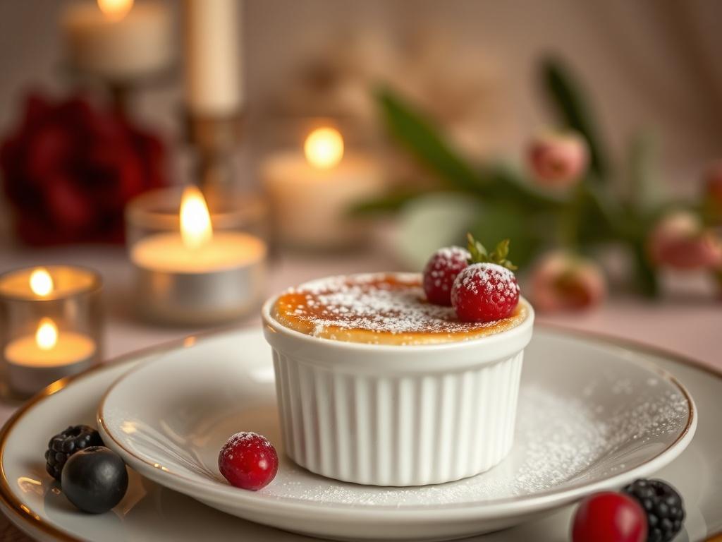 An elegant serving of Puffball Crème Brûlée in a small, round ramekin. The top is perfectly caramelized to a golden brown, with a sprinkle of powdered sugar and fresh berries as garnish. A soft glow from candles in the background sets a romantic and refined atmosphere.