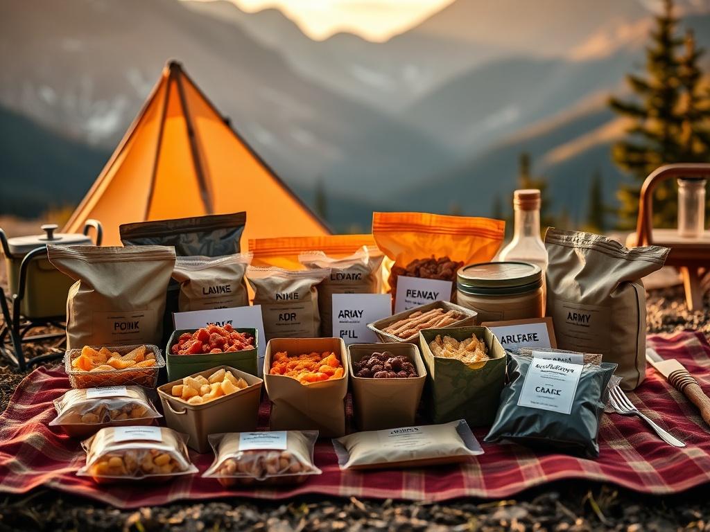 An assortment of army rations displayed neatly in a camping setting. The image should feature various meal packs, some opened to reveal appetizing contents. Natural outdoor lighting creates an inviting scene, with mountains in the background and a picnic setup, showcasing the practicality of these meals.