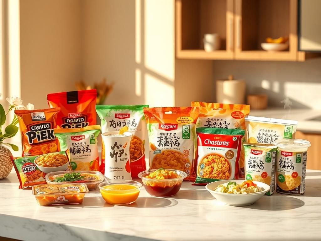 A spread of instant food and drink products, beautifully arranged on a marble countertop. The items include chilled meals and instant beverages, all presented in eye-catching packaging. The background features soft, natural lighting that enhances the freshness of the products. A few items are shown with steam rising, indicating they can be heated quickly, perfect for on-the-go consumption.