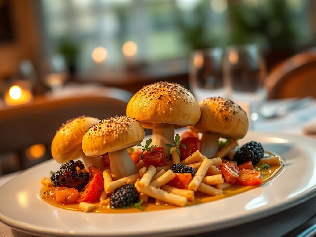 A beautifully plated Michelin star meal featuring giant puffball mushrooms as the main ingredient. The dish showcases vibrant colors, with a soft golden hue. The background is softly blurred, emphasizing the exquisite presentation of the food. The setting is a cozy dining environment with warm lighting, creating an inviting atmosphere.