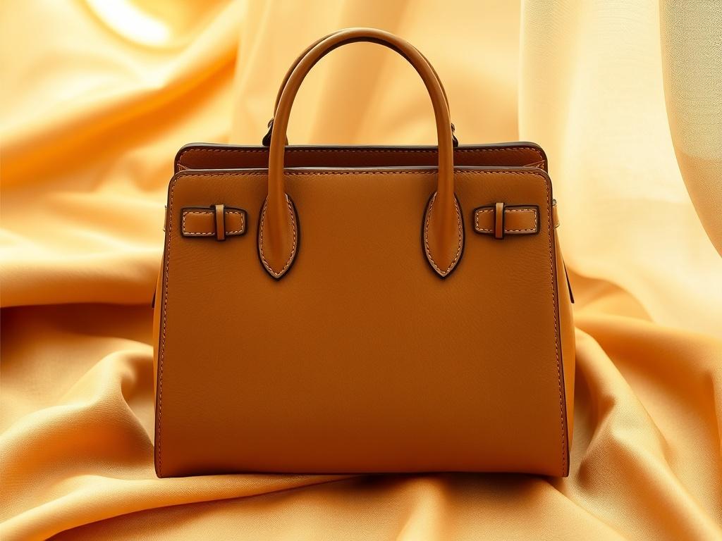 A luxurious leather purse inspired by BOTTEGA VENETA, elegantly placed on a soft, golden-hued fabric background. The purse should showcase its high-quality texture, with a sleek design and soft lighting enhancing its sophistication. The composition should focus solely on the purse, ensuring a clear and appealing view to highlight its luxurious features.