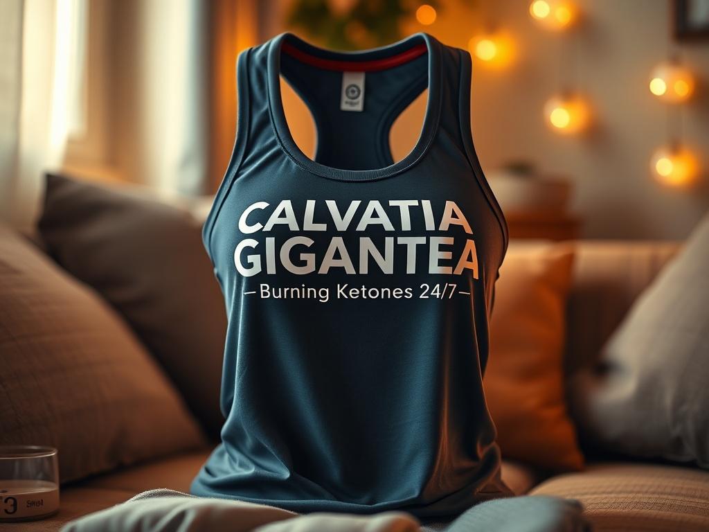 A high-resolution image of a stylish workout tank top with the text 'CALVATIA GIGANTEA Burning Ketones 24/7' prominently displayed. The tank top should be the only subject in the image, set against a cozy background with warm golden hues and soft lighting, creating a serene atmosphere that highlights the fabric's texture and design.