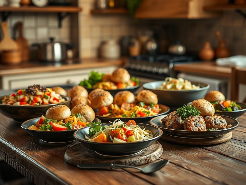 A tempting assortment of chilled and heated meals prepared using giant puffball mushrooms, presented on a rustic wooden table. The dishes include vibrant salads and hearty entrees, beautifully plated with fresh ingredients. The background showcases a cozy kitchen with soft golden hues, creating a warm and inviting atmosphere. The focus is on the meals, with a slight blur on kitchen elements, emphasizing the deliciousness and appeal of the food.