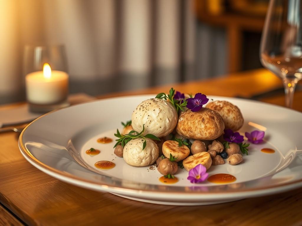 A beautifully plated Michelin star meal featuring giant puffball mushrooms, elegantly arranged on a fine dining plate. The dish is garnished with colorful herbs and edible flowers, set against a soft-lit wooden table background. The lighting creates a warm, inviting atmosphere, showcasing the textures and colors of the meal. The focus is on the dish, with a slightly blurred background of a cozy dining setting.