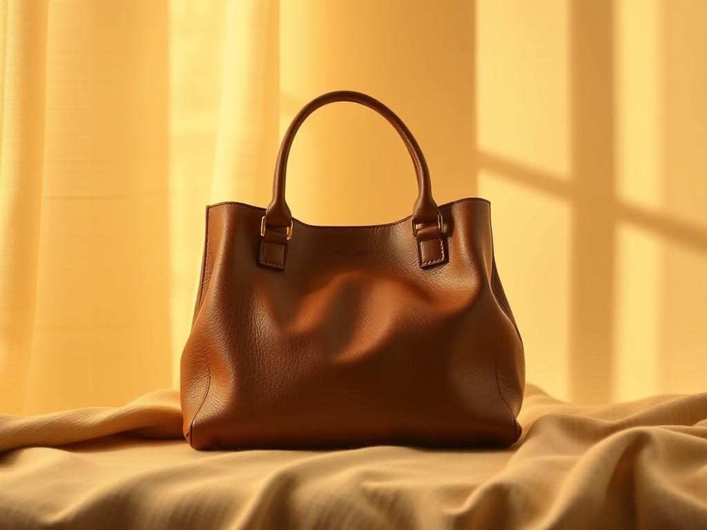 A high-resolution image of a luxurious designer leather purse inspired by Bottega Veneta. The purse should have a soft yet structured silhouette, crafted from the finest leather with a rich color. The setting should be serene and cozy, with soft golden hues and gentle lighting to highlight the texture and elegance of the purse. The background should be simple and unobtrusive, ensuring the purse is the focal point of the image.