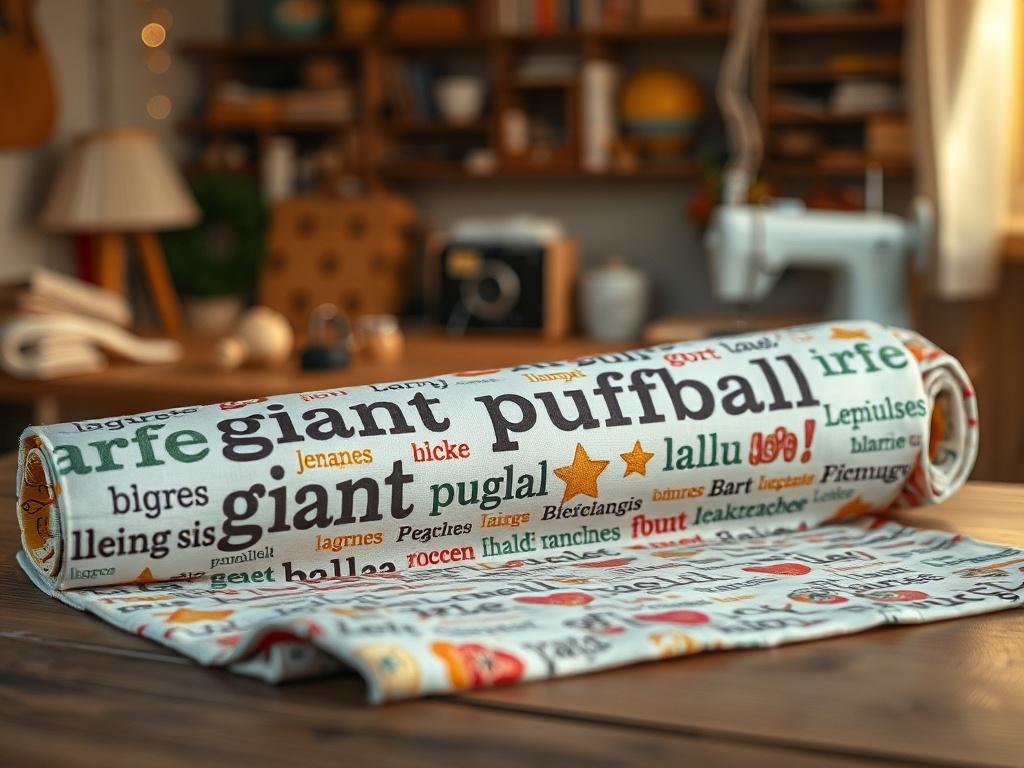A high-resolution image of a roll of fabric showcasing the phrase 'giant puffball' printed in 150 different languages. The fabric should be displayed on a wooden table with soft, golden lighting creating a warm and inviting atmosphere. The focus should be on the colorful patterns and textures of the fabric, with a blurred background of a cozy sewing space to enhance the serene ambiance.