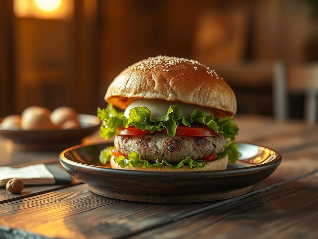 A beautifully plated Puffball Classic Burger on a rustic wooden table, featuring a giant puffball mushroom patty, fresh lettuce, tomato, and a toasted bun. The background is softly blurred, with warm golden hues creating a cozy ambiance.