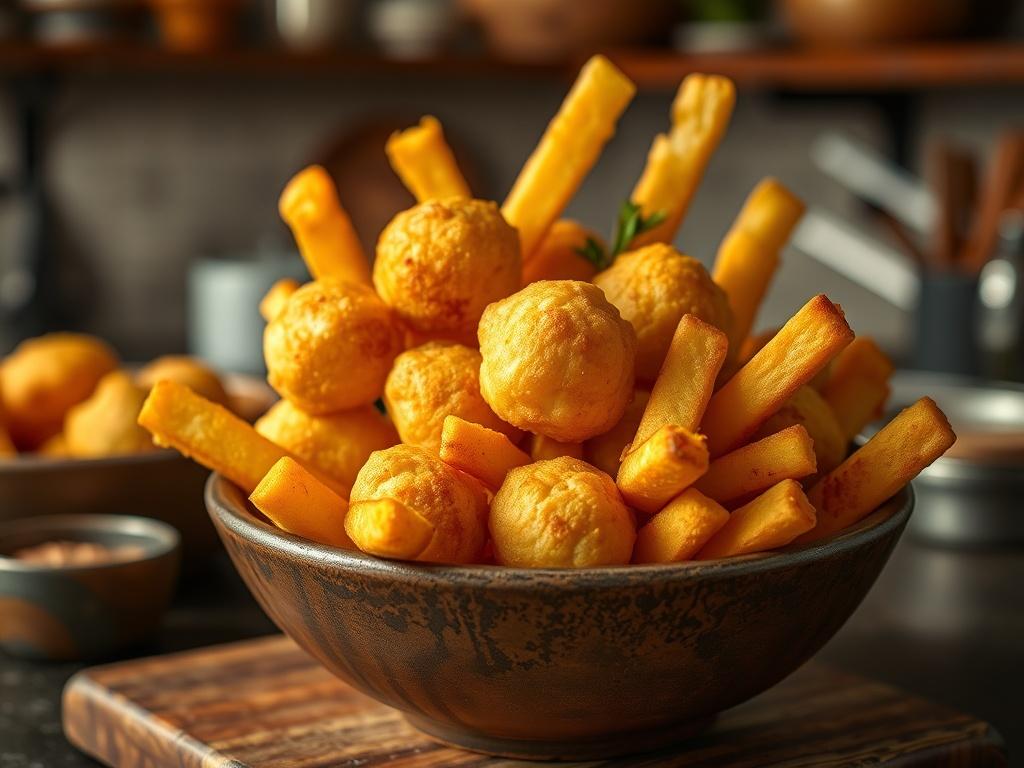 A close-up of a serving of Giant Puffball Fries in a rustic bowl, golden and crispy, set against a cozy kitchen background with soft lighting. The fries are garnished with herbs, enhancing the appetizing scene.