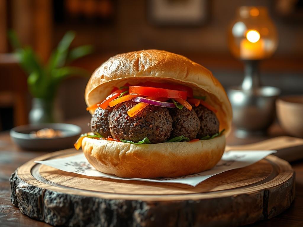 A mouth-watering Puffball Dog presented on a wooden board, featuring a giant puffball mushroom, vibrant toppings, and a soft bun. The setting is warm and inviting, with golden lighting enhancing the dish's appeal.