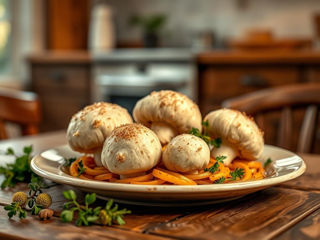 A beautifully plated gourmet dish featuring giant puffball mushrooms, set on a rustic wooden table. The dish is surrounded by fresh herbs and soft golden lighting creates a cozy atmosphere. In the background, a blurred out kitchen setting enhances the home-cooked elegance. The overall mood conveys warmth and sophistication.
