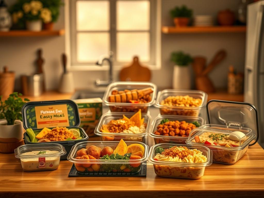 An assortment of ready-to-eat meals displayed in a cozy kitchen setting. The meals are packaged attractively in portable containers, emphasizing convenience and easy access. Soft, golden lighting enhances the inviting atmosphere, showcasing how these meals can fit into everyday life.
