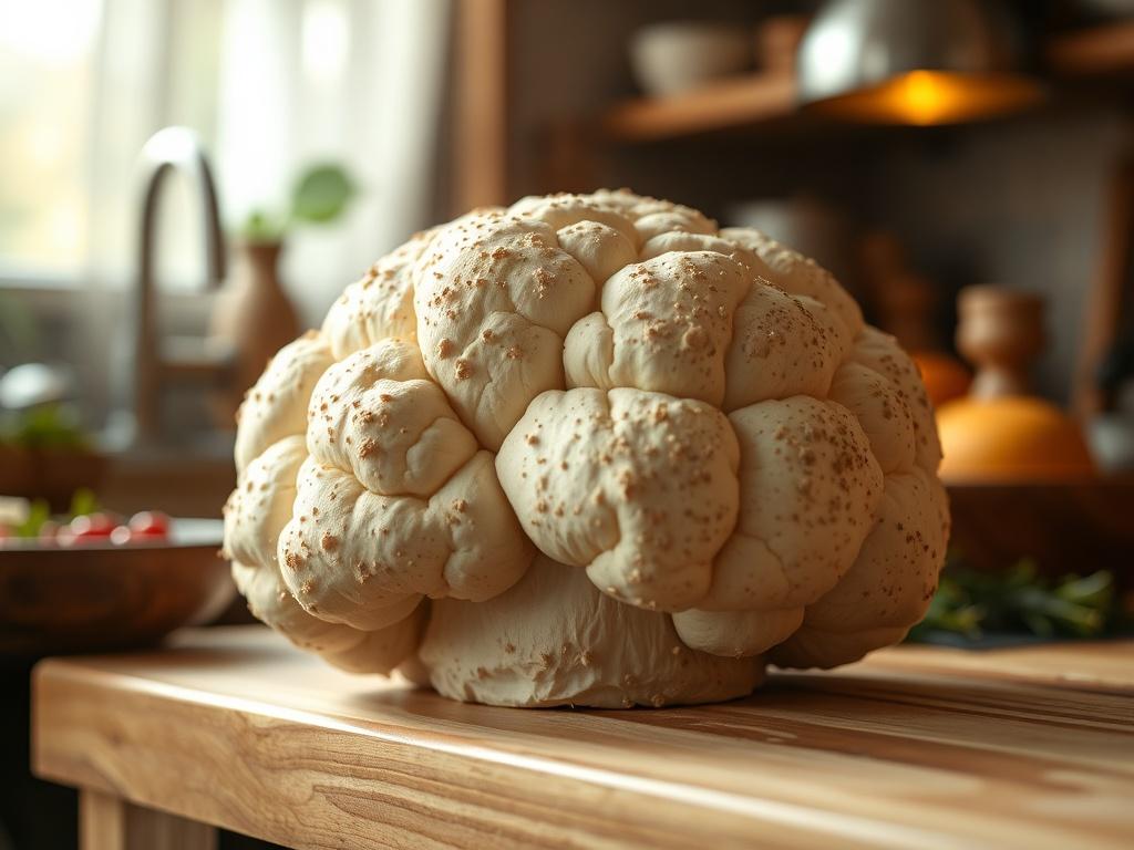 A close-up shot of a giant puffball mushroom on a wooden kitchen countertop, showcasing its unique texture and size. The background includes soft, warm lighting and natural elements like herbs or spices, creating an inviting culinary atmosphere.