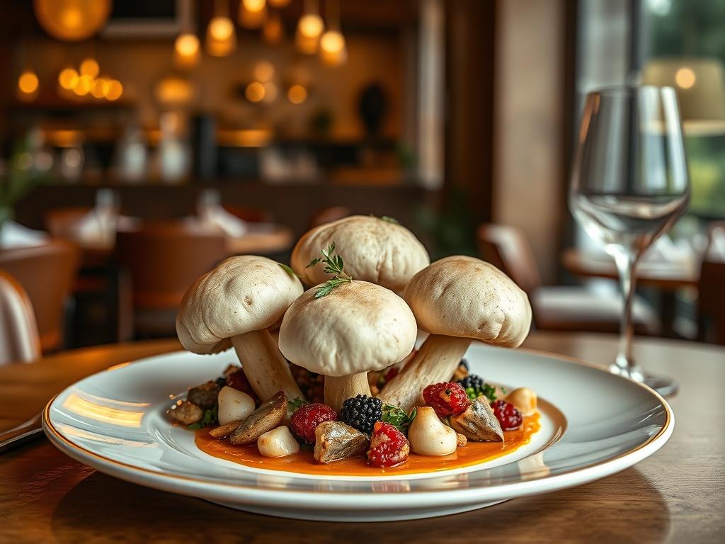 A beautifully plated gourmet dish featuring giant puffball mushrooms, artistically arranged on a fine dining plate. The background showcases a warm, inviting restaurant atmosphere with soft lighting and a cozy ambiance. The focus is on the dish, highlighting vibrant colors and textures, creating an appetizing visual appeal.