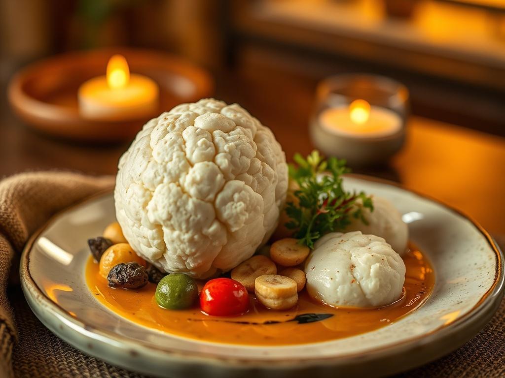 A beautifully plated gourmet dish featuring giant puffball mushrooms, presented in a cozy, warm setting with soft lighting. The dish should look enticing, showcasing the unique texture of the puffball, surrounded by vibrant vegetables and a delicate sauce. The background should be softly blurred to emphasize the dish, with warm golden hues creating a serene atmosphere.