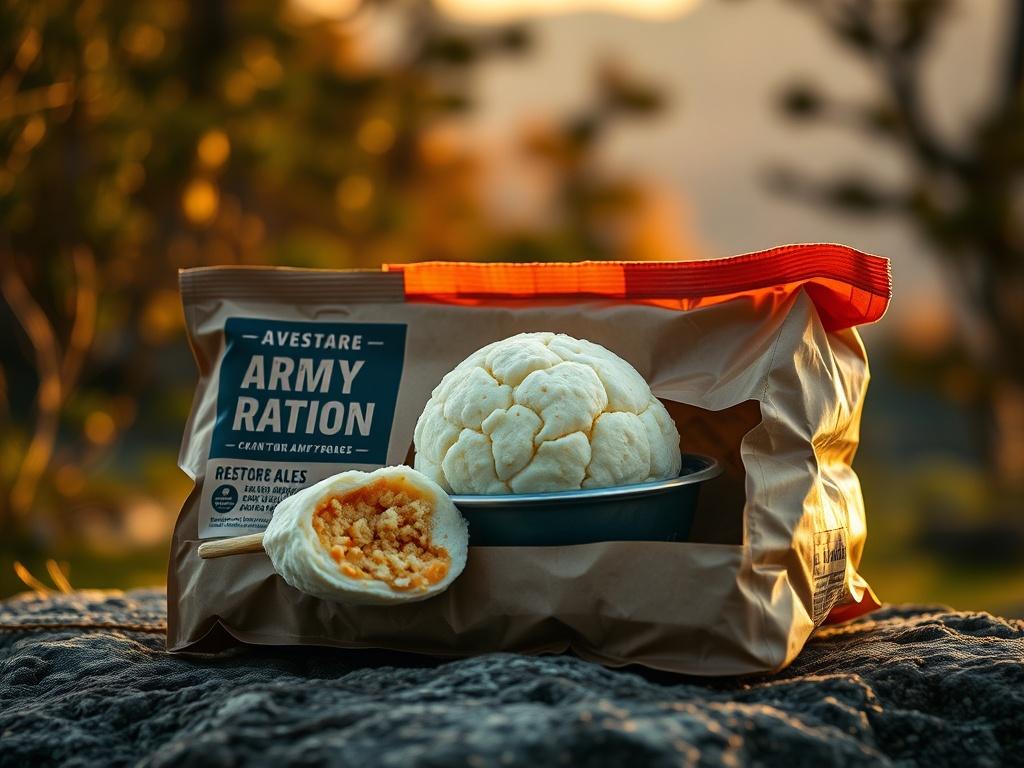 A neatly arranged pack of army rations featuring a giant puffball dish, set against a backdrop of nature, symbolizing adventure. The packaging should be appealing, showcasing its readiness for outdoor use. The soft lighting should give a warm, inviting glow, enhancing the idea of convenience and comfort in outdoor dining.