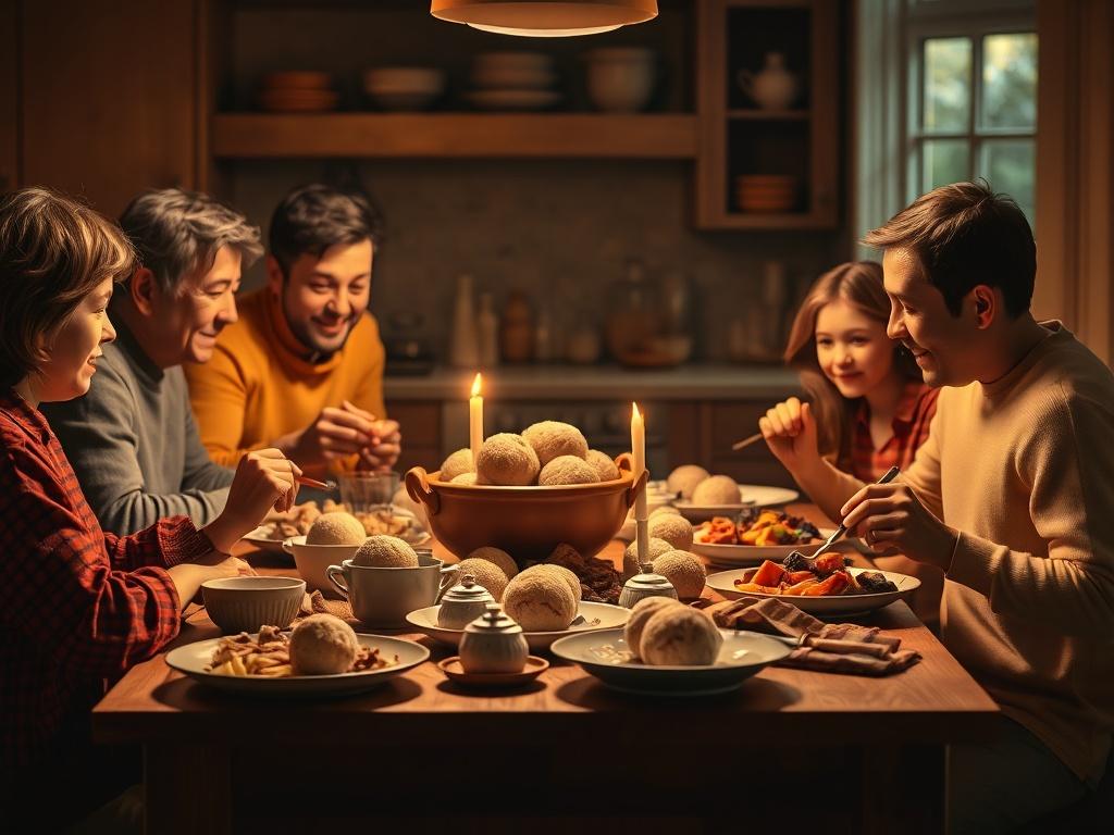 A cozy kitchen scene featuring a family enjoying a hearty meal centered around puffball mushrooms. The table is filled with various delicious puffball dishes, radiating warmth and satisfaction. Soft golden lighting enhances the inviting atmosphere, making it feel like the perfect setting for comfort food.