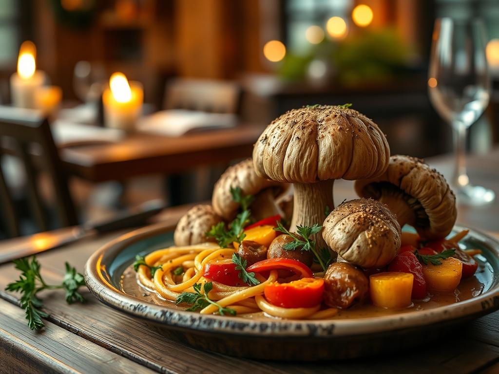 A beautifully plated dish featuring giant puffball mushrooms as the main ingredient, garnished with fresh herbs and vibrant vegetables. The dish is served on a rustic wooden table, with soft golden lighting creating a warm atmosphere. The background is softly blurred, showcasing a cozy dining setting with flickering candlelight.