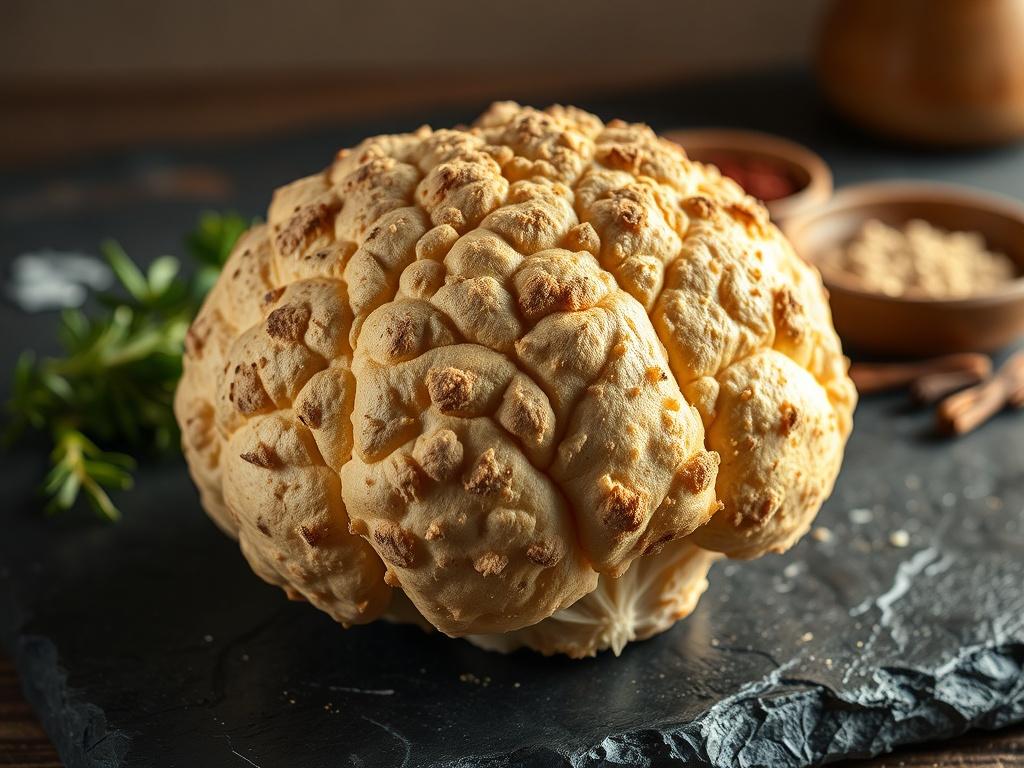 A close-up view of a giant puffball mushroom, showcasing its unique texture and characteristics. The mushroom is placed on a dark slate surface with soft lighting highlighting its features. In the background, there are hints of culinary ingredients like herbs and spices, creating an inviting and appetizing scene.