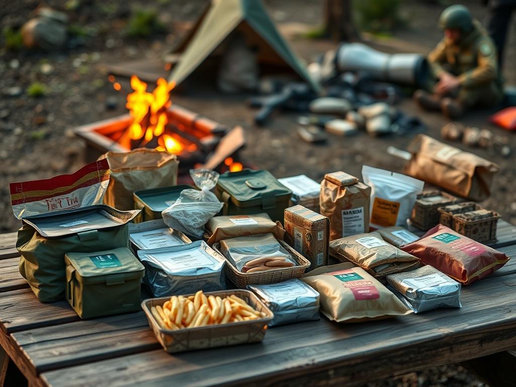 An assortment of army rations displayed in a neat arrangement on a picnic table. Each item is prepared for consumption, showing options that can be eaten chilled or heated instantly. The setting is outdoors with natural lighting, and there are elements of adventure in the background, like a campfire and camping gear.