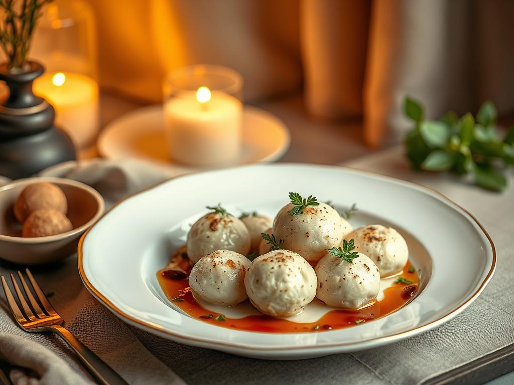 A beautifully plated Michelin star meal featuring giant puffball mushrooms. The dish is arranged artistically on a fine china plate, garnished with fresh herbs and sauces, set against a warm, cozy background with soft golden hues and serene lighting.