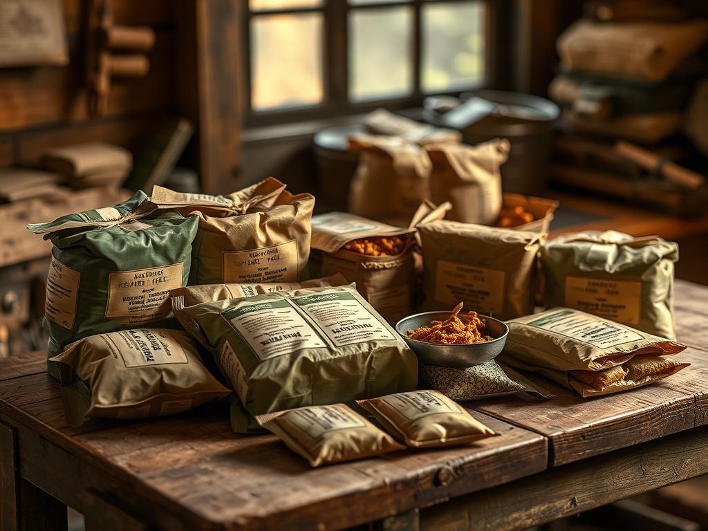 An appealing image of army rations neatly packaged, displayed on a rustic wooden table. The rations are visually organized, with some opened to showcase the food, all set in a cozy environment with soft, warm lighting.