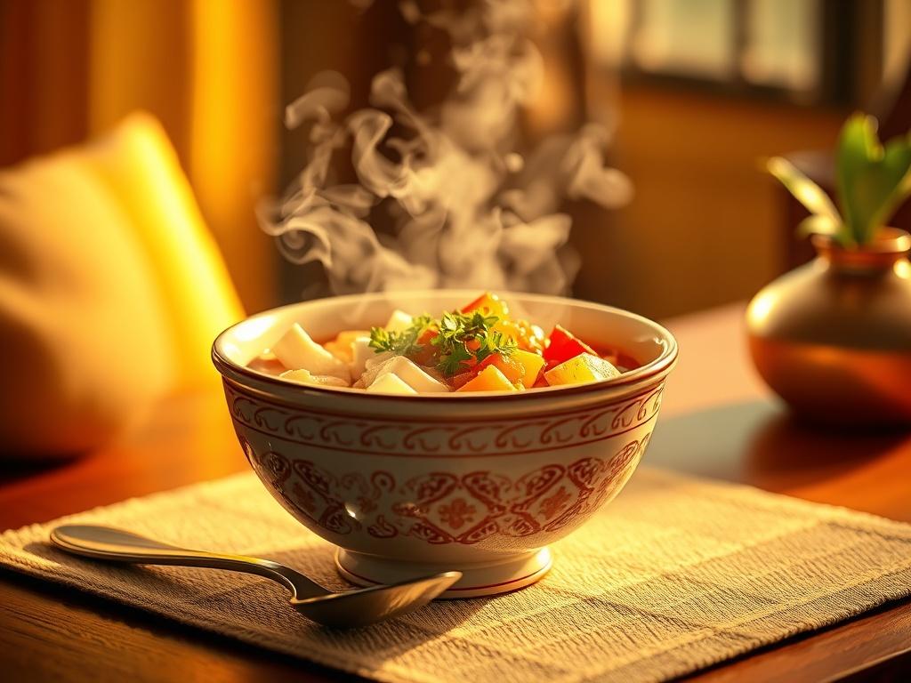 A cozy image showcasing a steaming bowl of instant heat meal, set on a table with inviting golden hues and soft lighting. The bowl is filled with colorful ingredients, and a spoon rests beside it, ready for enjoyment.