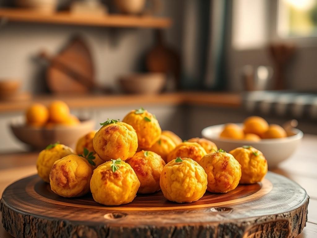 A single, realistic high-resolution photo of Buffalo Puffball Bites displayed on a rustic wooden platter. The bites are golden-brown and garnished with fresh herbs. The background features a softly lit kitchen setting with warm, golden hues, creating a cozy and inviting atmosphere. The focus is on the texture of the bites, emphasizing their crunchiness and deliciousness.