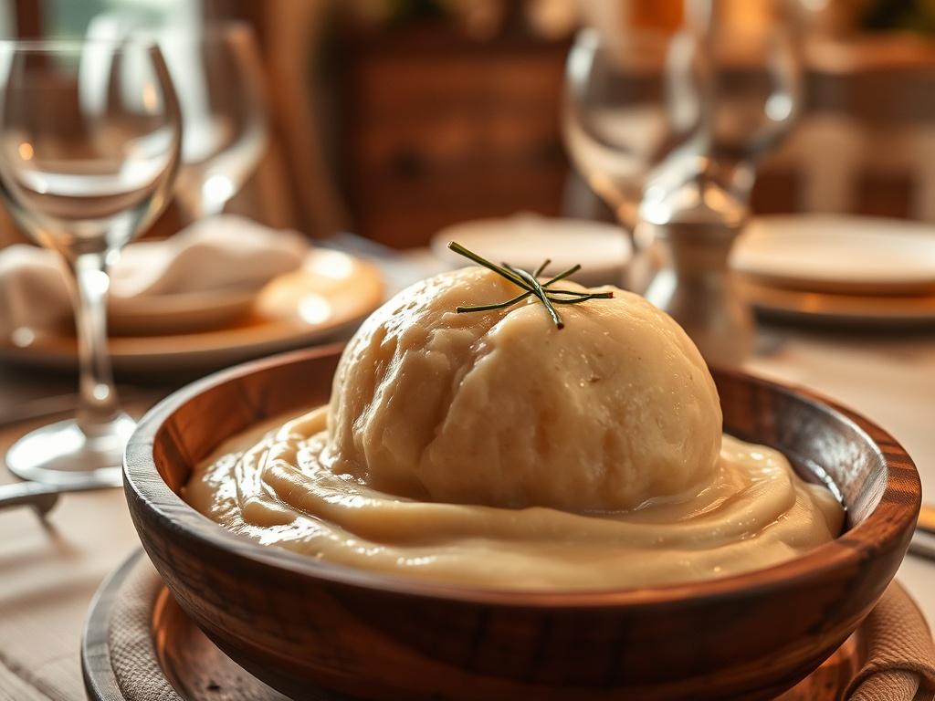 A realistic high-resolution photo of a delicious puréed giant puffball appetizer served in a rustic wooden bowl. The appetizer should be creamy and smooth, showcasing a rich, earthy color. The setting should have soft, golden lighting to create a cozy atmosphere, with a blurred background of a dining table elegantly set with fine china and soft textiles. The overall composition should evoke a feeling of warmth and sophistication, perfect for special occasions.