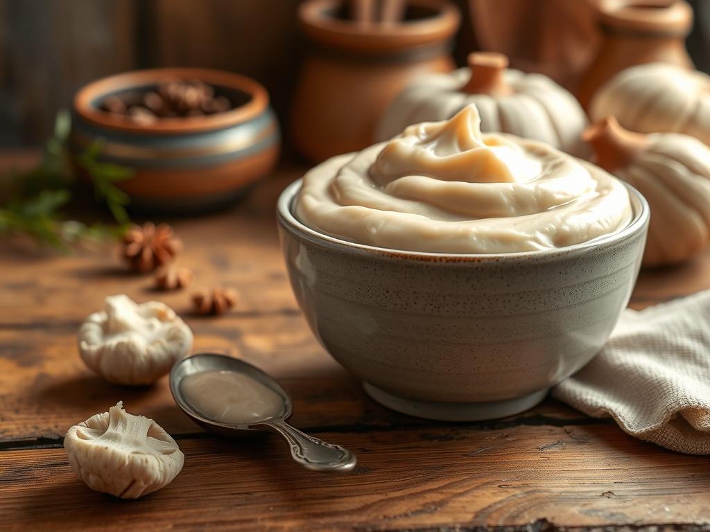 A high-resolution photo of a bowl of smooth puréed giant puffball mushroom placed on a rustic wooden table. The purée should have a creamy texture and a light beige color, with a spoon resting beside the bowl. The background should feature soft, golden lighting and cozy kitchen elements like herbs and spices, creating a serene atmosphere that highlights the gourmet nature of the product.