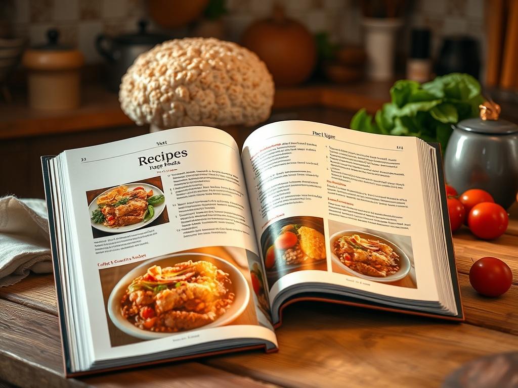 A cozy kitchen scene featuring a high-resolution digital recipe book opened to vibrant pages with images of gourmet dishes, softly lit by warm golden hues. The background shows a wooden table with fresh ingredients and a giant puffball mushroom, creating an inviting atmosphere.