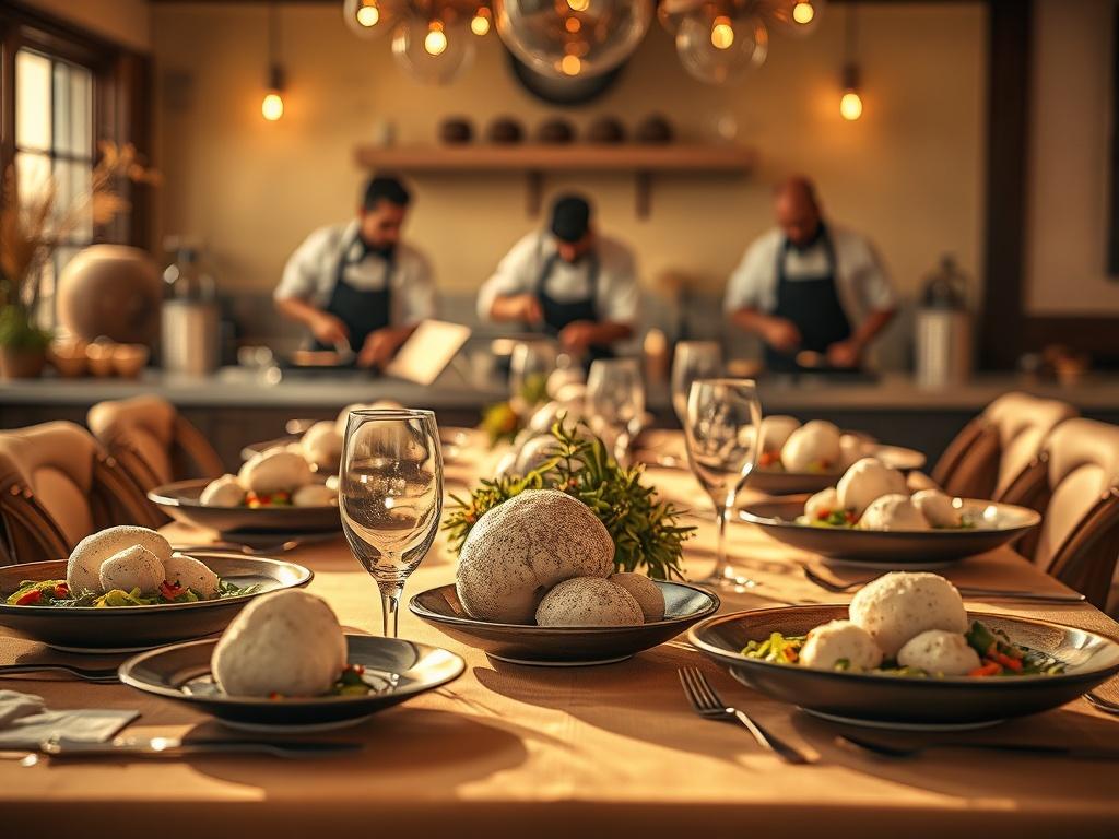 A beautifully arranged table set for a culinary experience, featuring dishes made with giant puffball mushrooms. The warm golden lighting casts a serene glow over the setting, with chefs in the background demonstrating cooking techniques, creating an inviting, engaging atmosphere.