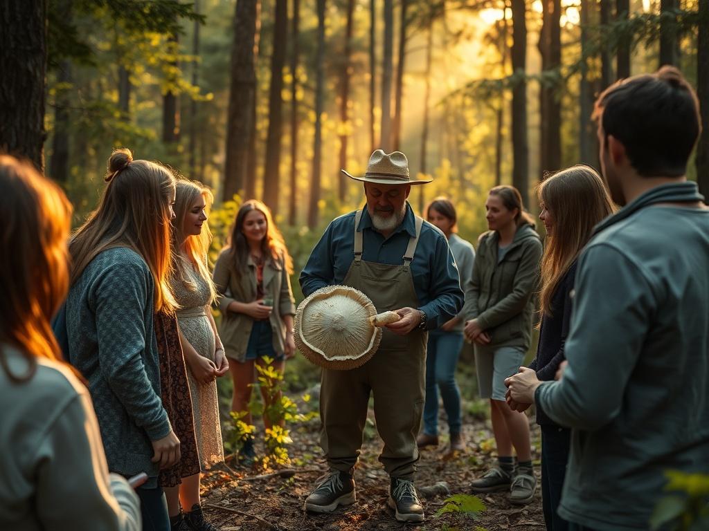 An outdoor workshop scene in a lush forest, with participants gathered around an expert forager holding a giant puffball mushroom. The setting is bathed in soft golden light, showcasing the beauty of nature and the excitement of learning about wild ingredients.
