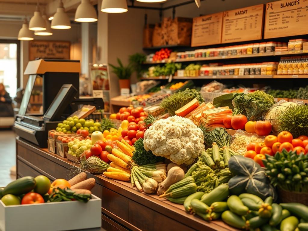 A realistic high-resolution image of a self-checkout area in a market, featuring various fresh produce items displayed attractively. Include a prominent section showcasing the giant puffball mushroom among the produce. The setting should have cozy, golden hues and soft lighting, creating a serene shopping atmosphere. The layout should be organized, inviting customers to engage with the products.