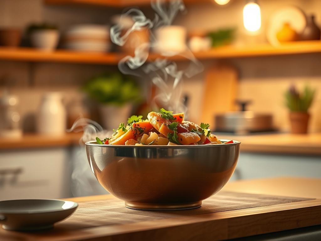 An inviting kitchen scene featuring a steaming bowl of gourmet food ready to be served. The background shows a cozy atmosphere with warm lighting, emphasizing the ease and speed of preparing a delicious meal. The focus is on the vibrant colors and textures of the food.