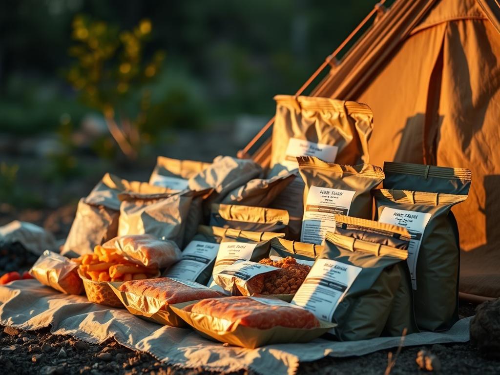 A well-organized display of army rations, showcasing various packaged meals that are easy to carry. The setting is outdoors, perhaps next to a camping site, highlighting the convenience and portability of the rations. Soft, golden lighting enhances the inviting appearance of the meals.
