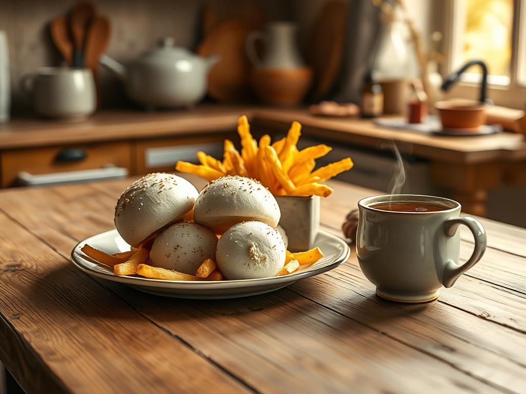 A serene and cozy kitchen scene featuring a beautifully plated dish made from giant puffball mushrooms, displayed elegantly on a rustic wooden table. Soft golden lighting enhances the textures of the food, showcasing the creamy, velvety appearance of puffball fries alongside a gourmet burger and a steaming cup of puffball tea. The background includes gentle hints of herbs and spices, creating a warm atmosphere that invites viewers to explore this unique culinary offering.