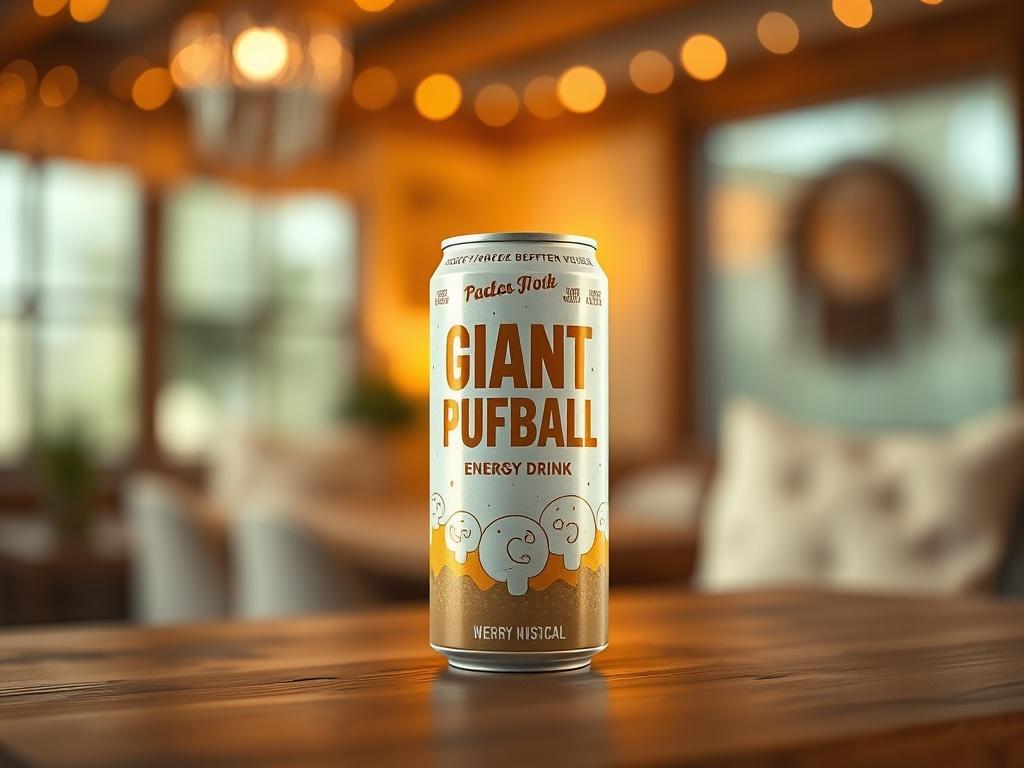 A realistic high-resolution photo of a can of Giant Puffball Energy Drink placed on a wooden table. The can features a sleek, modern design with earthy colors, reflecting the puffball mushroom motif. The background is softly blurred, showcasing a serene, cozy indoor environment with warm golden hues and soft lighting, enhancing the inviting atmosphere.