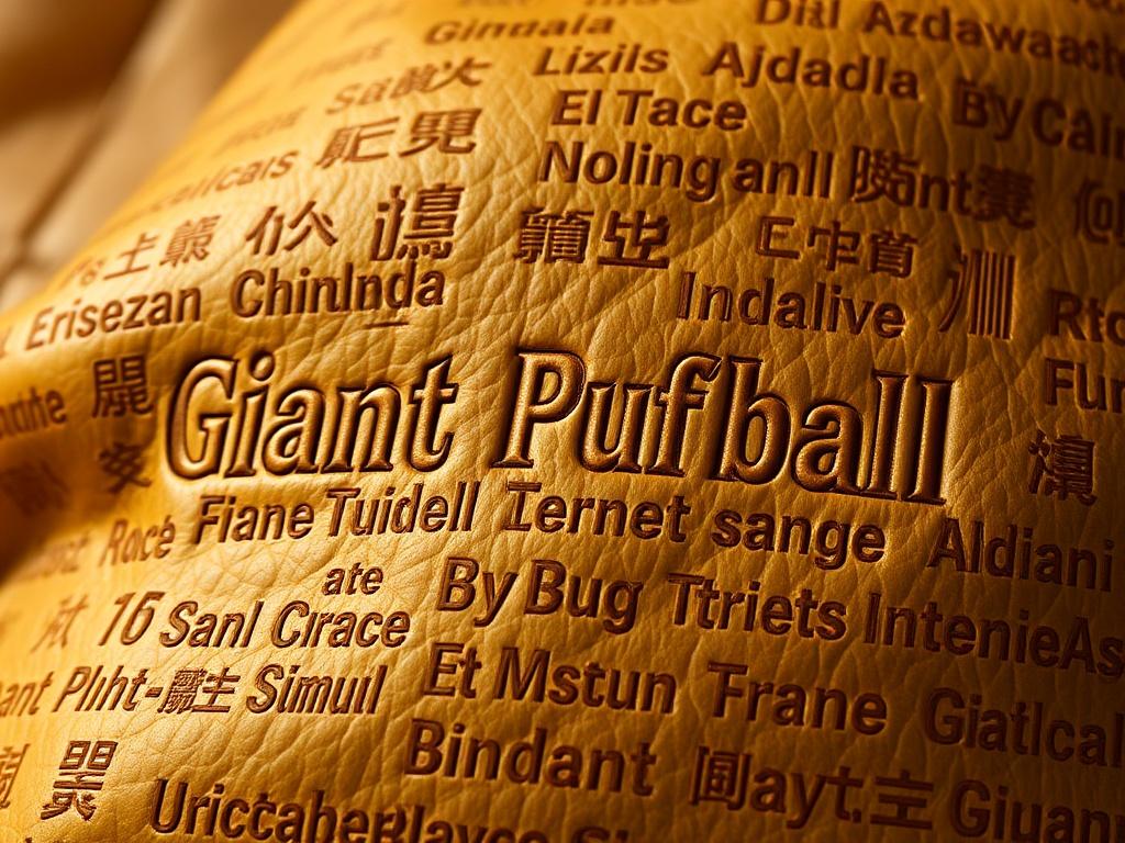 A realistic high-resolution image of a luxurious leather fabric featuring the text 'Giant Puffball' elegantly embossed in 150 different languages. The fabric should be presented in a cozy, golden hue with soft lighting, highlighting its texture and quality. The background should be serene and simple, ensuring that the focus remains solely on the fabric.