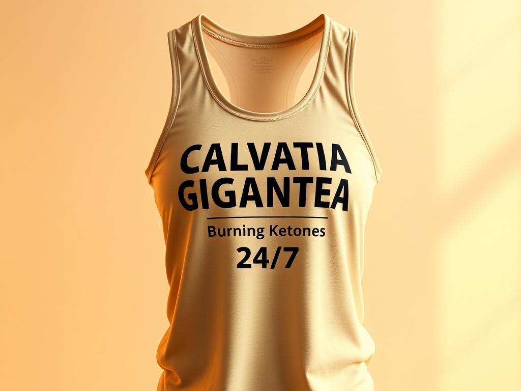A realistic high-resolution photo of a workout tank top featuring the text 'CALVATIA GIGANTEA Burning Ketones 24/7'. The tank top is displayed on a simple, clear background, showcasing its comfortable fit and stylish design. The lighting is soft and warm, creating a cozy atmosphere. The color palette is harmonious with golden hues, emphasizing the fabric’s texture and details.