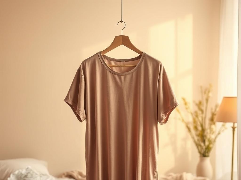 A cozy, golden-hued scene featuring an Extra Large T-shirt Night Gown hanging elegantly on a simple wooden hanger. The gown is soft and inviting, showcasing its loose fit and breathable fabric. The background has soft lighting, creating a serene atmosphere, with subtle floral decor and warm tones to enhance the cozy vibe.