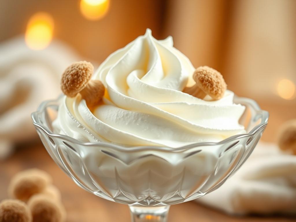A realistic high-resolution photo of a dollop of light and fluffy whipped cream made from giant puffball mushrooms, elegantly placed in a crystal dessert bowl. The background features soft, golden hues with cozy, warm lighting that enhances the creamy texture. The setting is serene, evoking a sense of gourmet indulgence.