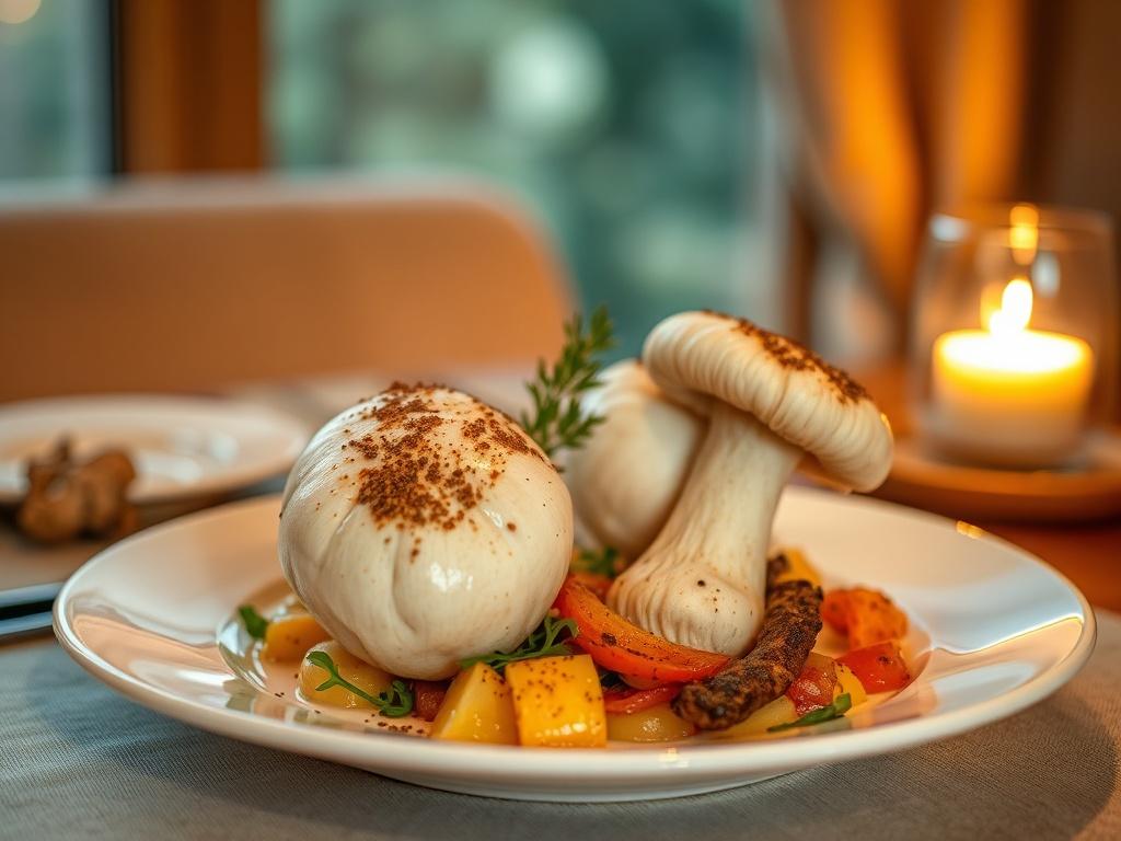 A beautifully plated Michelin star meal featuring giant puffball mushrooms,