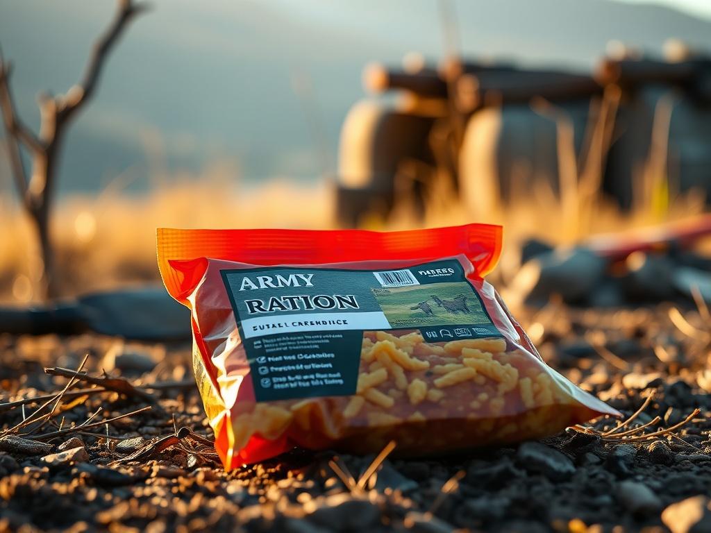 An image of a packaged army ration meal set against