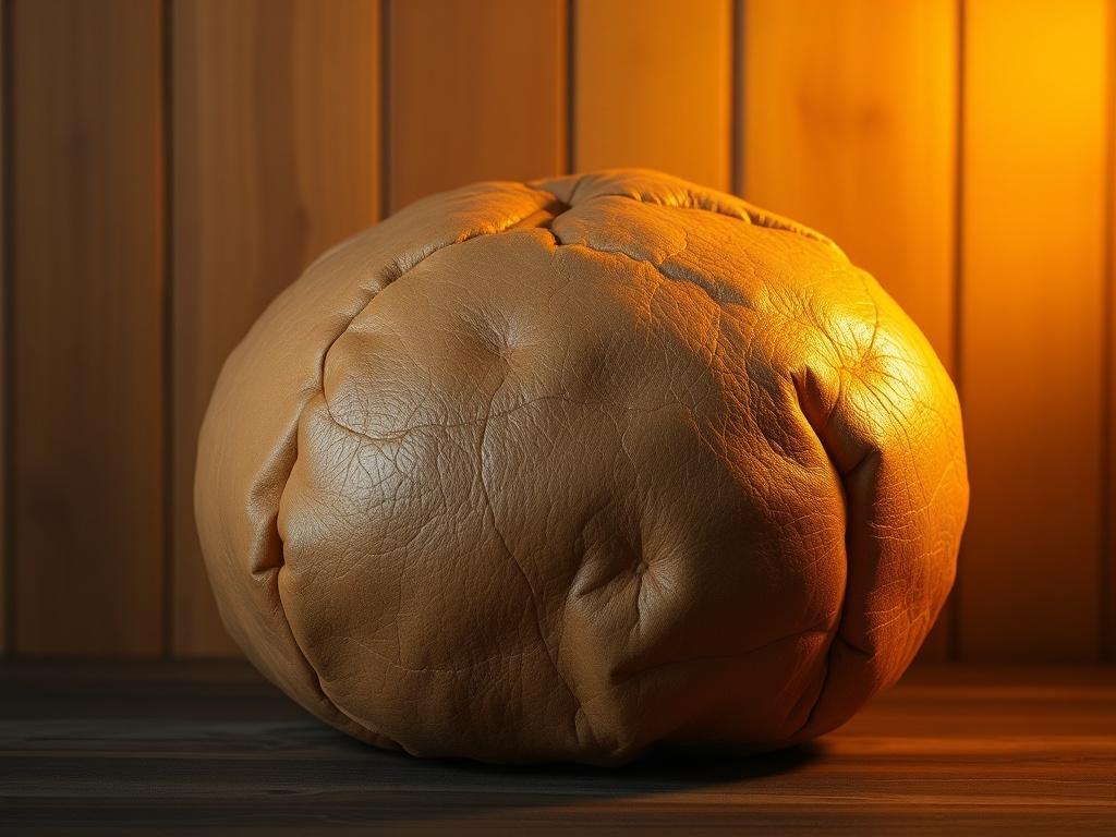 Create a realistic high-resolution image of a piece of Giant Puffball Leather displayed elegantly against a wooden background. The leather should have a rich, textured surface that resembles traditional leather, with natural variations in color reflecting its unique origin. Soft golden lighting should illuminate the piece, creating a cozy and inviting atmosphere. The simplicity of the composition should focus solely on the Giant Puffball Leather, allowing its beauty and quality to shine.