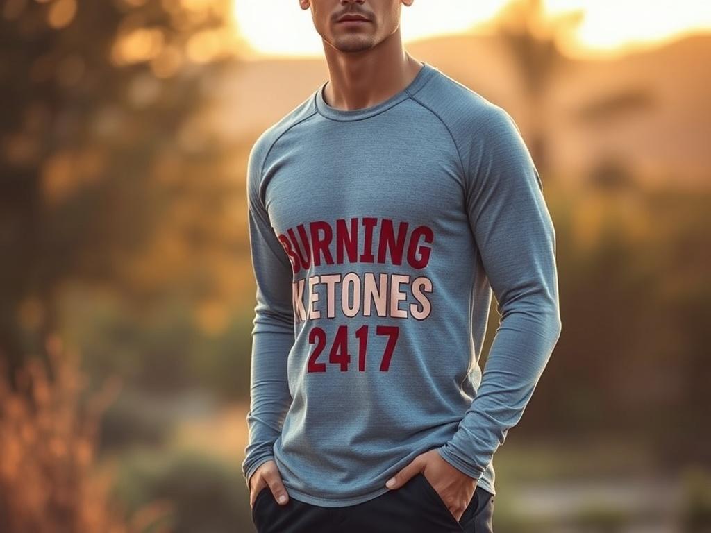 A high-resolution photo of a person wearing a stylish 'Burning Ketones 24/7' workout shirt in a serene outdoor setting. The background should feature soft, golden hues with cozy lighting, giving a tranquil atmosphere. The person should appear confident and motivated, showcasing the shirt's design clearly. The composition should be simple and focused on the apparel, emphasizing its comfort and appeal for both workout and casual wear.